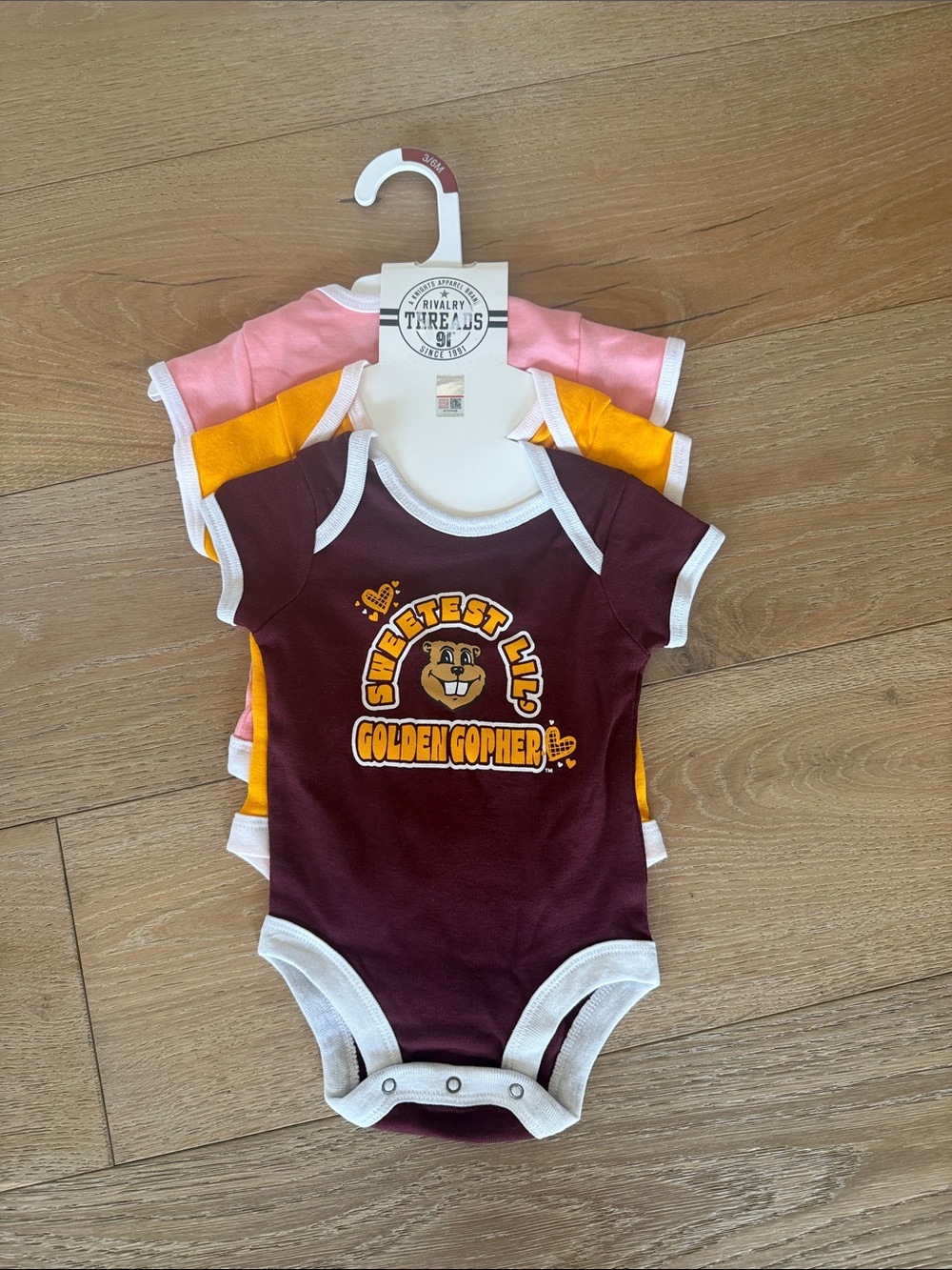 Minnesota Gophers 3-Pack Baby One-Pieces — Maroon, Yellow, Pink